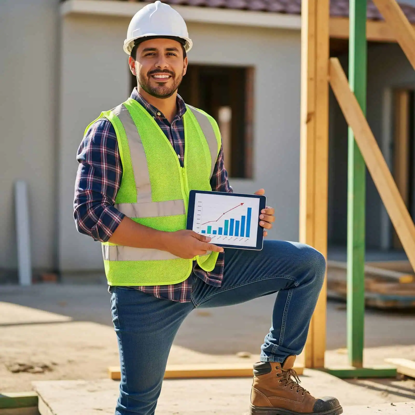 Alt text: Happy construction contractor holding tablet with growth chart at building site.