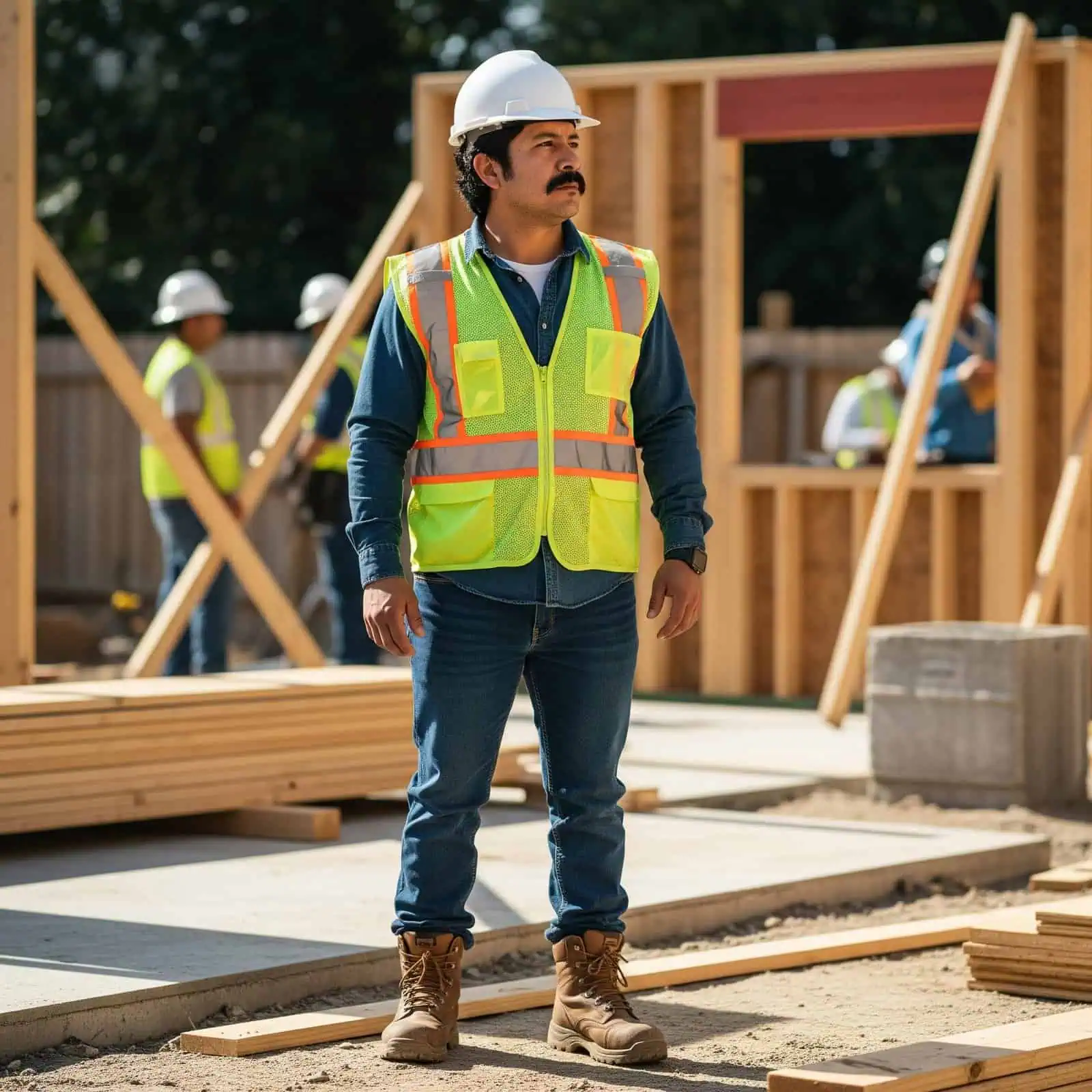 Male construction worker wearing safety vest and helmet at job site in California, training for contractor licensing.